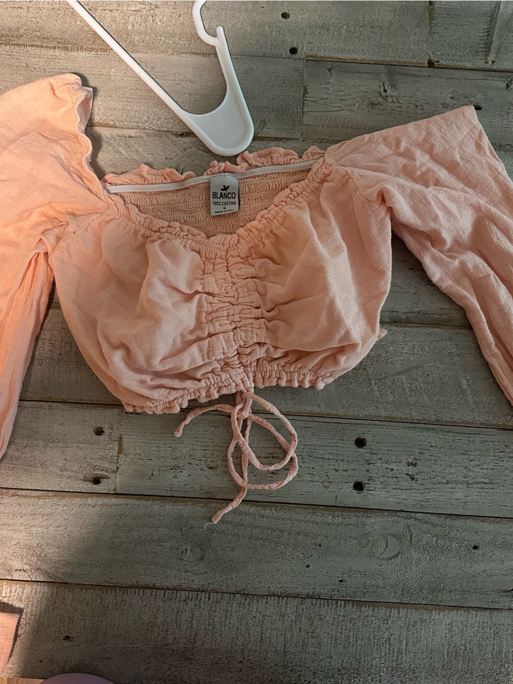 Blanco Peach Ruched Drawstring Long-Sleeve Crop Top